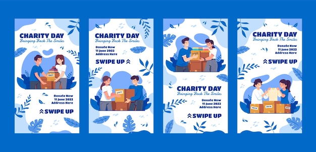 Vector historias de instagram de eventos de caridad de diseño plano dibujado a mano
