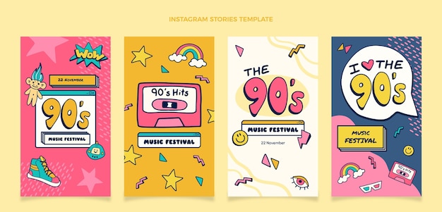 Vector historias de instagram del festival de música de los 90 dibujadas a mano