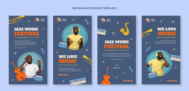 Vector historias de instagram del festival de música colorido dibujado a mano