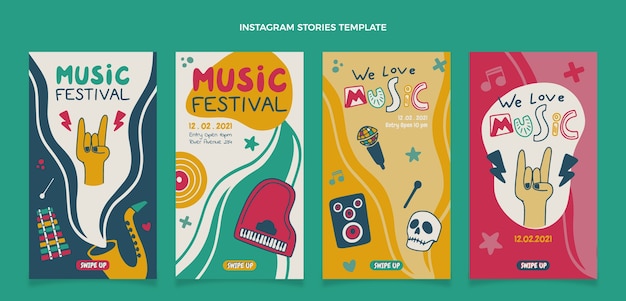 Historias de instagram del festival de música colorido dibujado a mano