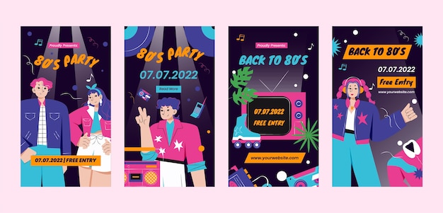 Vector historias de instagram de fiesta de los 80 de diseño plano