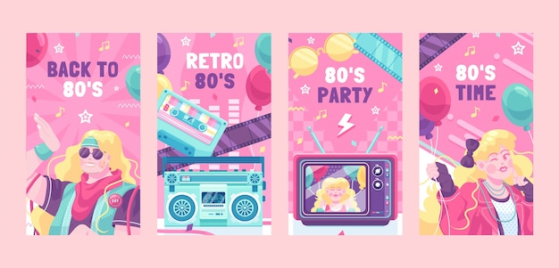 Historias de instagram de fiesta de los 80 de diseño plano