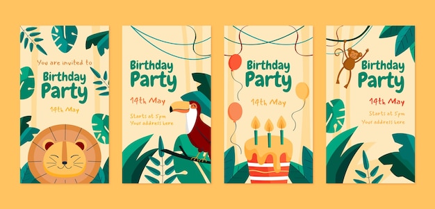 Historias de instagram de la fiesta de cumpleaños de la selva de diseño plano