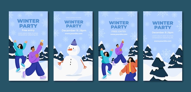 Vector historias de instagram de fiesta de invierno dibujadas a mano