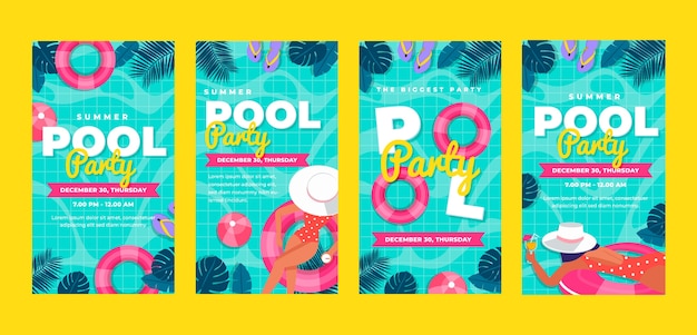 Vector historias de instagram de fiesta en la piscina dibujadas a mano