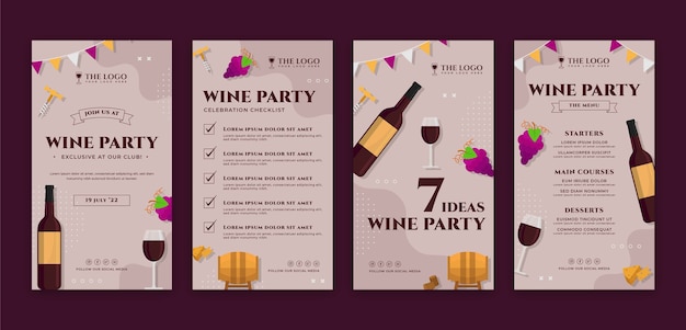 Vector historias de instagram de fiesta de vino de diseño plano