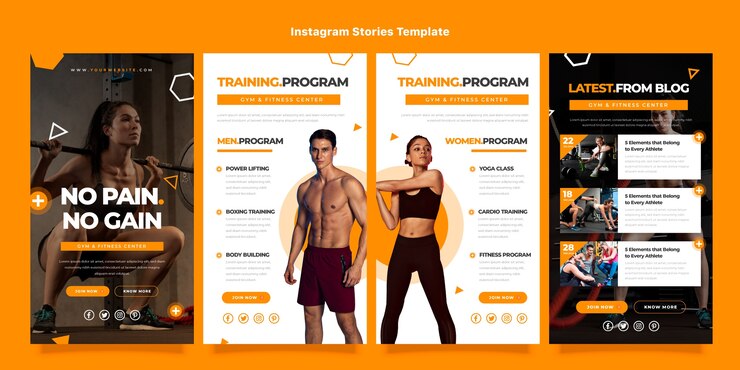 Vector historias de instagram de fitness de diseño plano