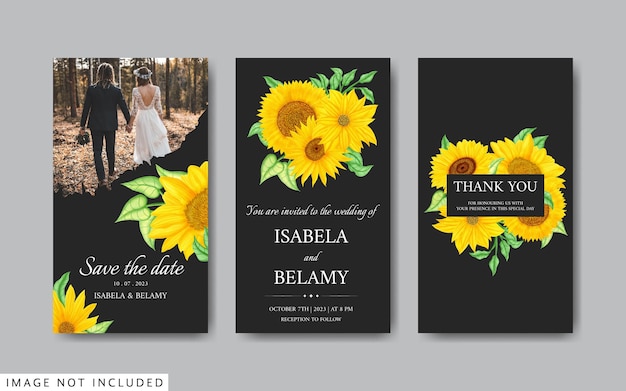 Historias de instagram con girasol para plantilla de invitación de boda