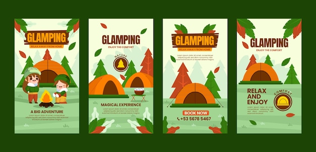 Vector historias de instagram de glamping de diseño plano