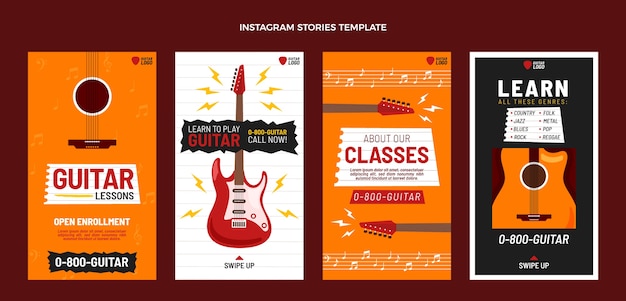 Vector historias de instagram de lecciones de guitarra dibujadas a mano