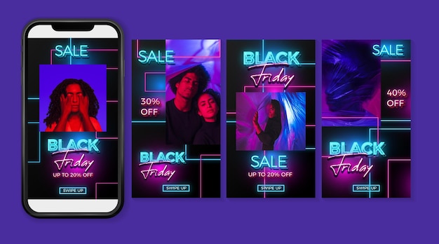 Vector historias de instagram de neon black friday