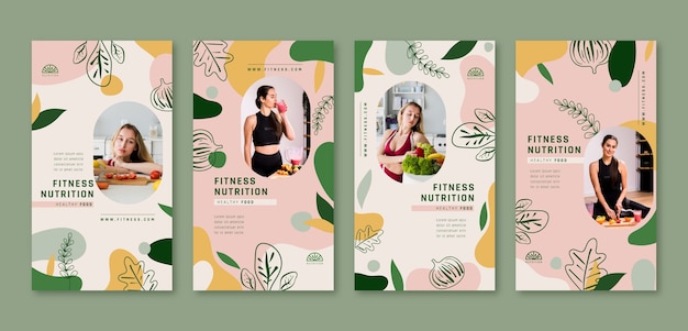 Vector historias de instagram de nutrición fitness dibujadas a mano