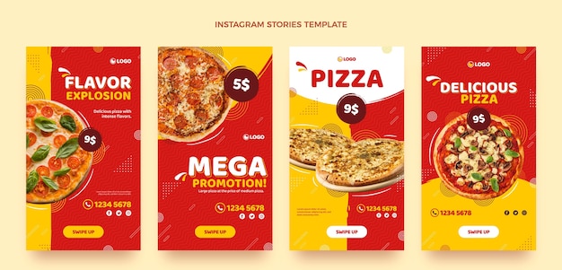 Vector historias de instagram de pizza de diseño plano