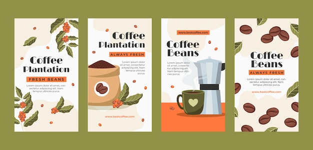 Historias de instagram de plantaciones de café dibujadas a mano