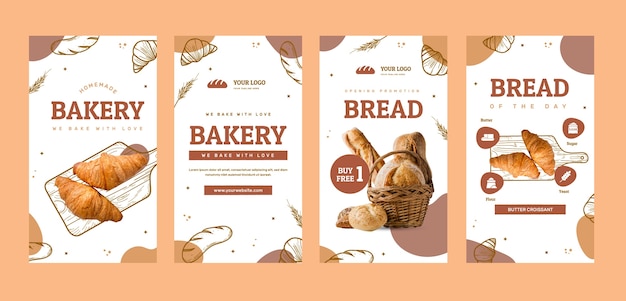 Vector historias de instagram de productos de panadería dibujados a mano