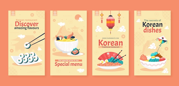 Historias de instagram de restaurante coreano de diseño plano