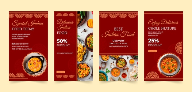 Vector historias de instagram de restaurante indio de diseño plano