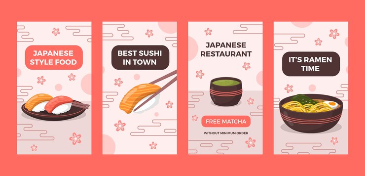Vector historias de instagram de restaurante japonés dibujadas a mano