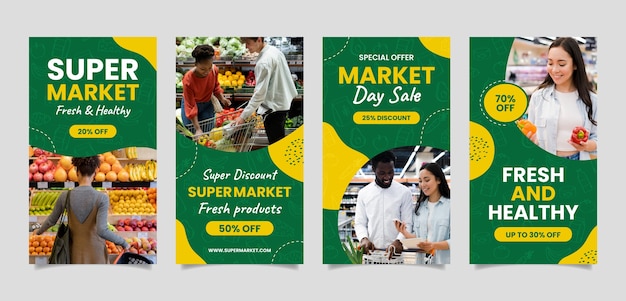 Historias de instagram de supermercado de diseño plano