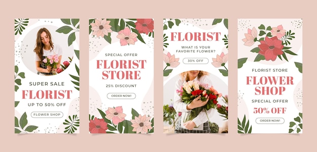 Historias de instagram de tienda de floristería dibujadas a mano