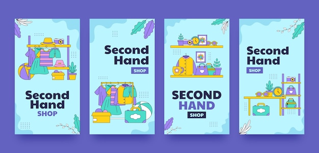 Vector historias de instagram de tienda de segunda mano dibujadas a mano