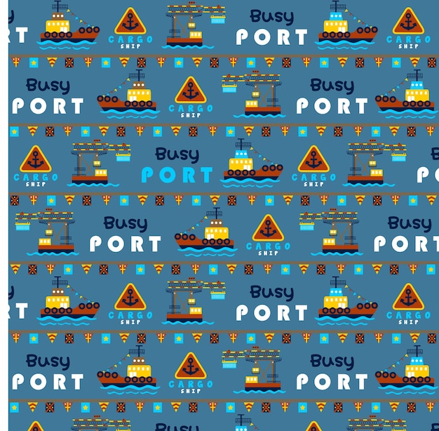 Historieta de los buques de carga en el puerto ocupado en vector del patrón