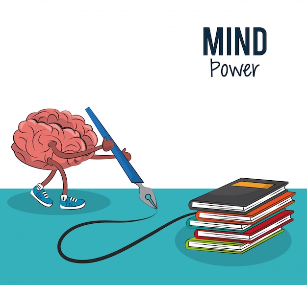 La historieta del cerebro con la pluma y los libros vector el diseño gráfico del ejemplo