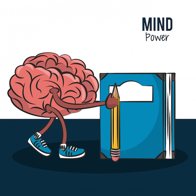 Historieta del cerebro que lleva a cabo un diseño gráfico del ejemplo del vector del lápiz y del libro