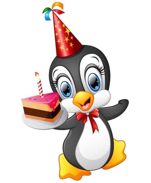 Historieta feliz del pingüino que sostiene la torta de cumpleaños