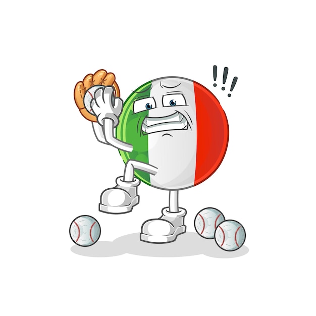 Historieta del lanzador de béisbol de la bandera de Italia. vector de mascota de dibujos animados