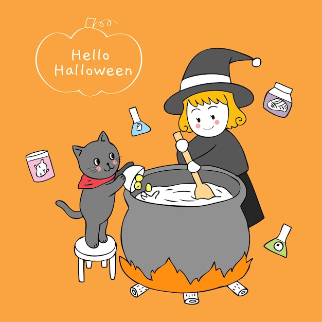 Historieta linda bruja del día de Halloween y cocinar del gato negro.