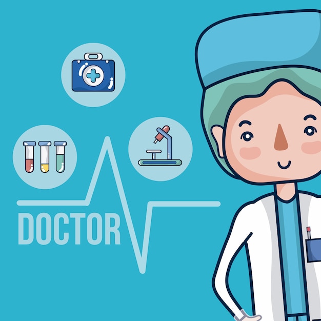 Historieta linda del doctor de sexo femenino con los iconos redondos médicos