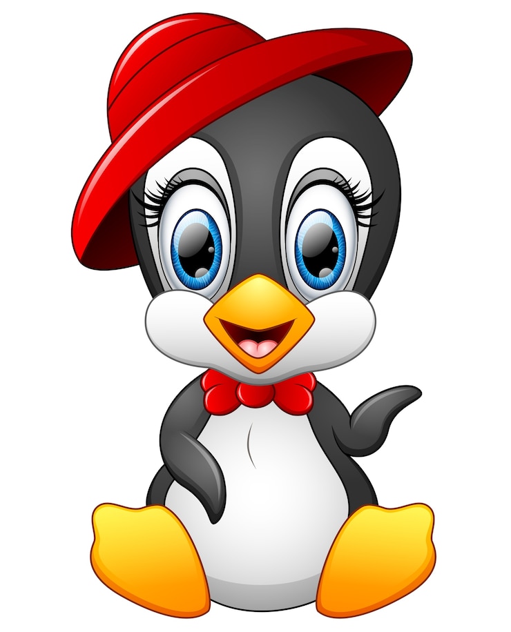 Vector historieta linda del pingüino que lleva el sombrero rojo