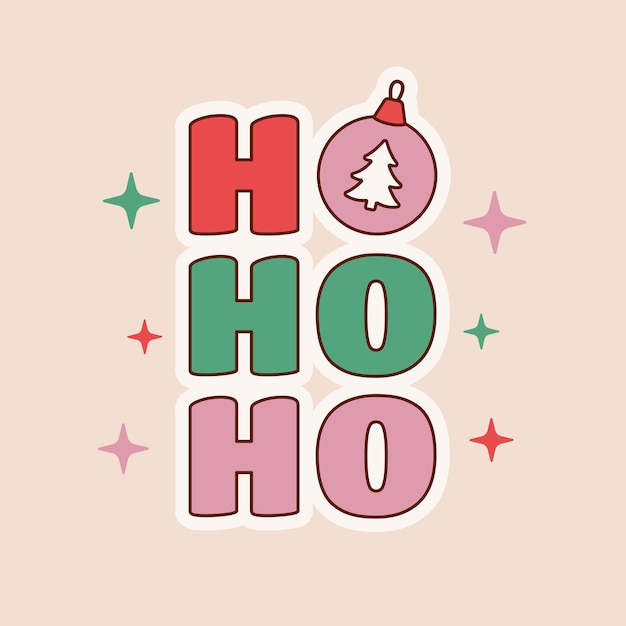 Ho ho ho y Feliz Navidad retro 1970 groovy sticker. Mensaje de Papá Noel y cita navideña.