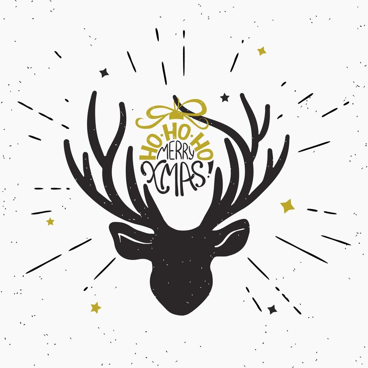Vector ho-ho-ho feliz navidad con silueta de cabeza de ciervo negro. ilustración de moda retro de texto de navidad escrito a mano envuelto vintage en cuerno de ciervo. rayos de rayos de sol hipster grabar aislado sobre fondo blanco.