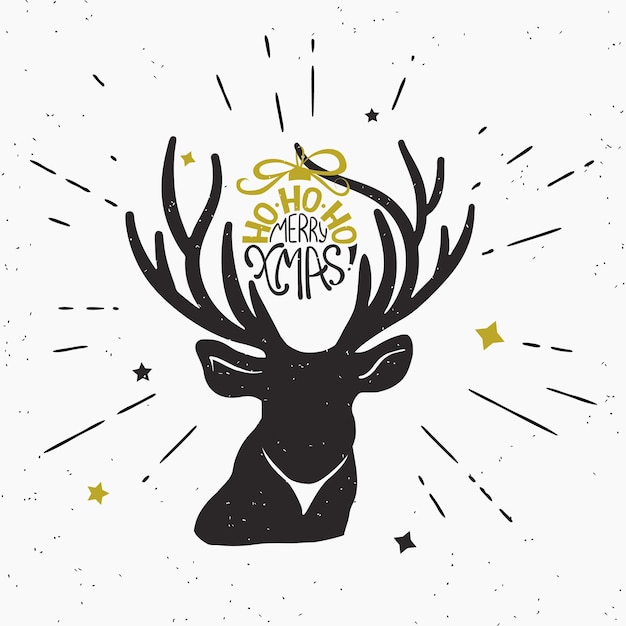 Ho-ho-ho feliz navidad con silueta de ciervo negro. Ilustración de moda retro de texto de Navidad escrito a mano envuelto vintage en cuerno de ciervo. Los rayos del resplandor solar del inconformista graban aislado en el fondo blanco.