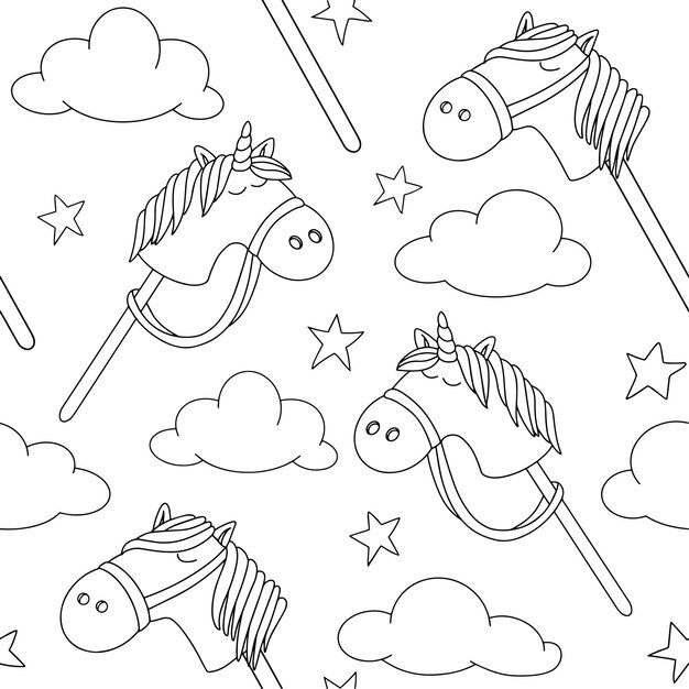 Hobby equitación patrón sin costuras estampación vectorial linda con caballo de juguete libro de colorear
