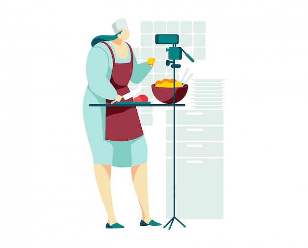 Hobby video blog personaje de mujer, cocina corriente moderna show en línea en internet, comida preparada femenina aislada en blanco, ilustración de dibujos animados