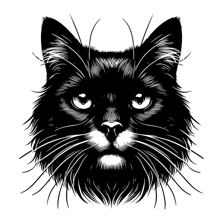 El hocico de un gato negro Dibujo vectorial elegante Ilustración en blanco y negro Gato doméstico
