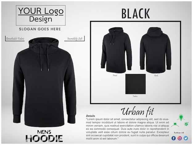 Vector hoddie para adultos para hombres color negro