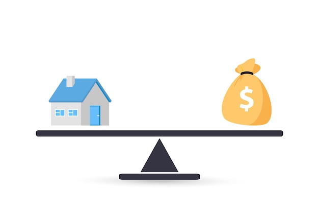 Vector hogar y dinero a escala. dinero y hogar. comprando una casa. concepto de compra y venta. oferta venta y compra