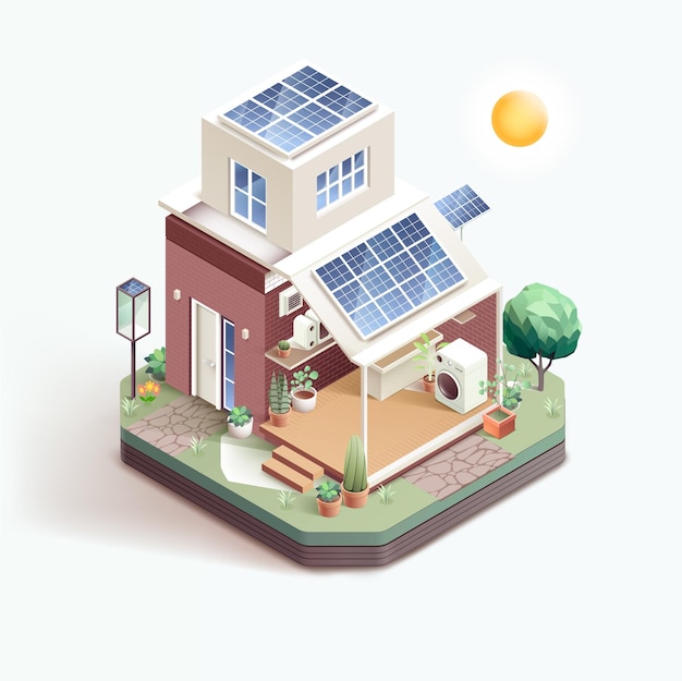 Hogar inteligente con paneles solares ilustración vectorial isométrica