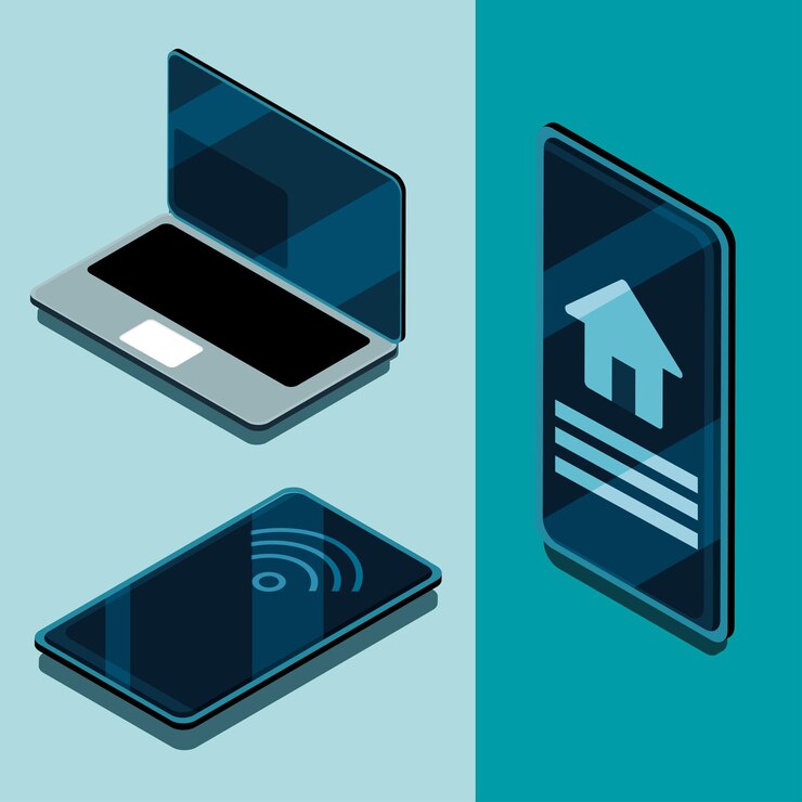 Vector hogar inteligente y teléfono con equipo portátil