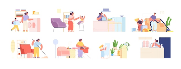 Hogar limpio familiar Los padres limpiaron el baño de limpieza plana juntos Adolescentes y adultos aislados haciendo tareas domésticas Escenas vectoriales absolutas de rutina doméstica