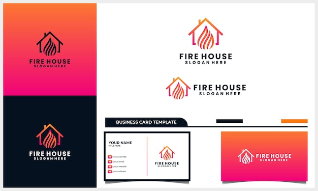 Hogar o casa con concepto de diseño de logotipo de fuego ligero y plantilla de tarjeta de visita