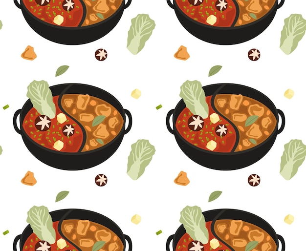 Hogo e ingredientes del plato Cocina china Patrón sin fisuras en vector Cocina asiática