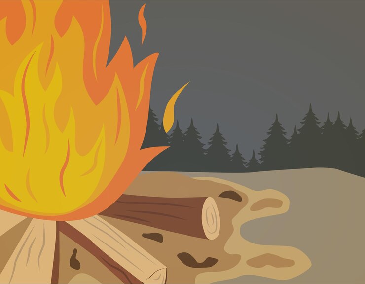 Vector una hoguera abierta y brillante en un área abierta una llama de leña una fogata o hoguera ardiente fuego de madera