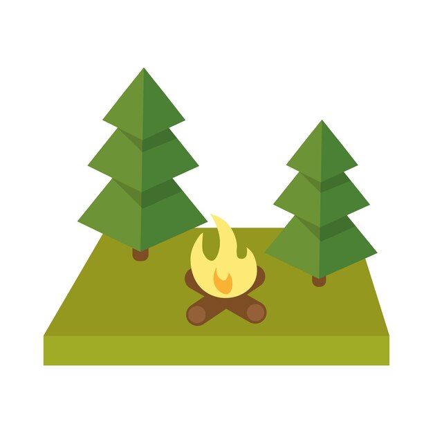 Hoguera del árbol de Navidad en la hierba verde. Imagen volumétrica de dibujos animados. ilustración vectorial EPS 10.