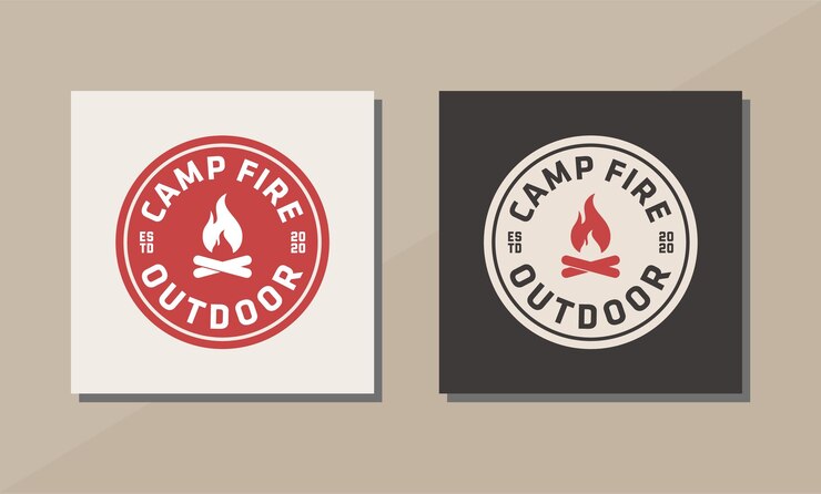 Vector hoguera fuego llama fogata vintage logo diseño icono vector