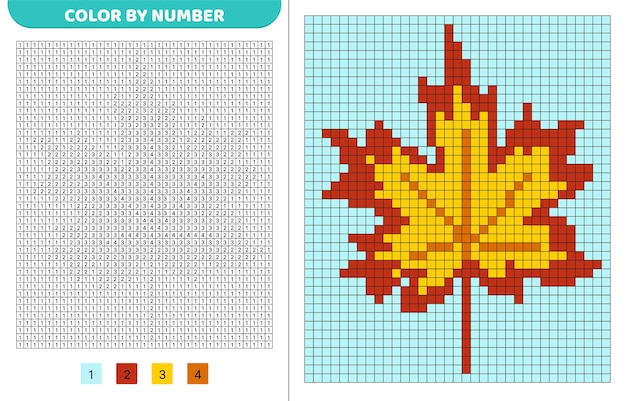 Hoja de arce de otoño rojo naranja Color por número Libro de colorear de píxeles Cuadrados numerados Juego para niños